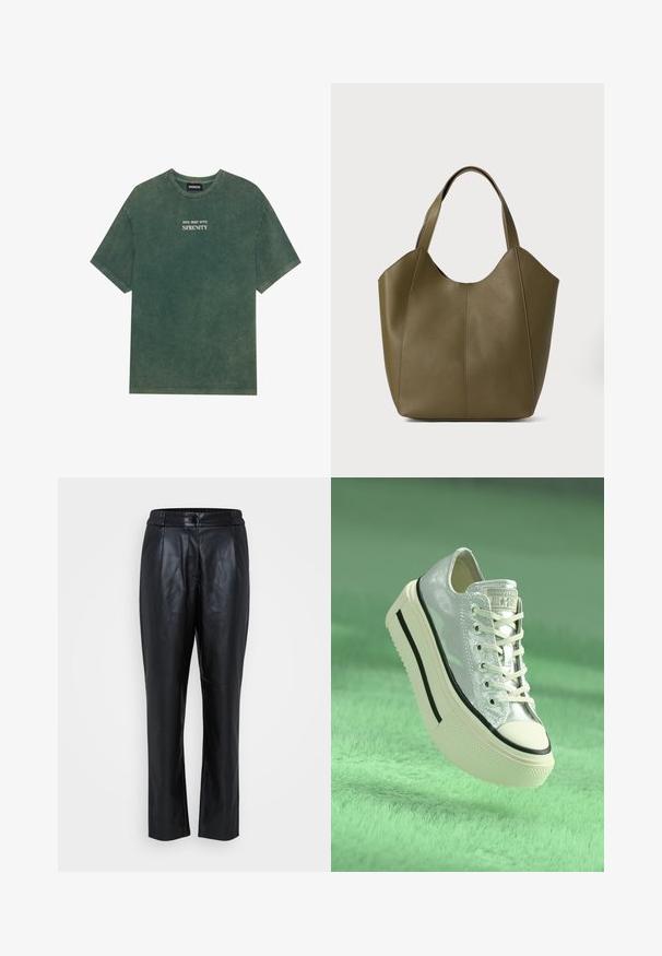 Tricou din bumbac verde cu guler rotund și mâneci scurte. Prezintă un text imprimat decolorat "DIVE DEEP INTO SERENITY" în alb. Textură moale.; Pantaloni din piele neagră cu o textură netedă, design cu picioare conice, talie elastică și detalii pe cusătura frontală. Potriviți atât pentru ținute casual, cât și formale.; Adidași metalici argintii cu talpă înălțată, șireturi albe și accente negre. Prezintă un vârf rotunjit și o talpă din cauciuc texturată.; Geantă tote din piele verde măslinie cu două mânere, textură netedă și design din patru panouri. Cusături întărite pe margini pentru durabilitate.