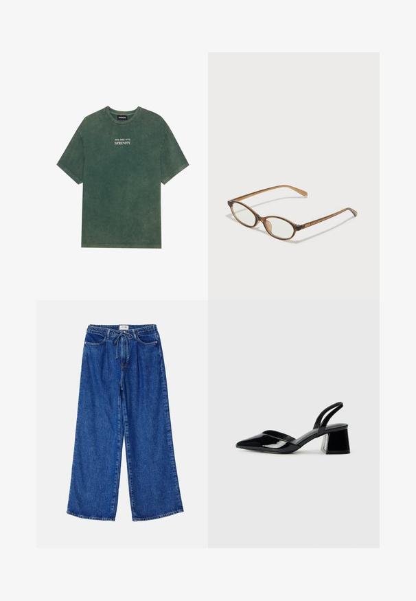 Grünes Baumwoll-T-Shirt mit Rundhals und kurzen Ärmeln. Mit verblasstem Drucktext "DIVE DEEP INTO SERENITY" in Weiß. Weiche Textur.; Blaue weit geschnittene Jeans aus Denim, mit einem elastischen Bündchen und Kordelzug, zwei Vorderaschen und einer lockeren Passform.; Schwarze Lackleder-Slingback-High Heels mit spitzem Schuh und einem geometrischen Blockabsatz. Verfügt über ein schlankes, minimalistisches Design und eine glatte Textur.; Braune Schildpatt-Brille mit ovalen Gläsern, dünnen Bügeln und transparenten Akzenten. Verfügt über ein dezentes Logo am Bügel. Elegantes, leichtes Design.