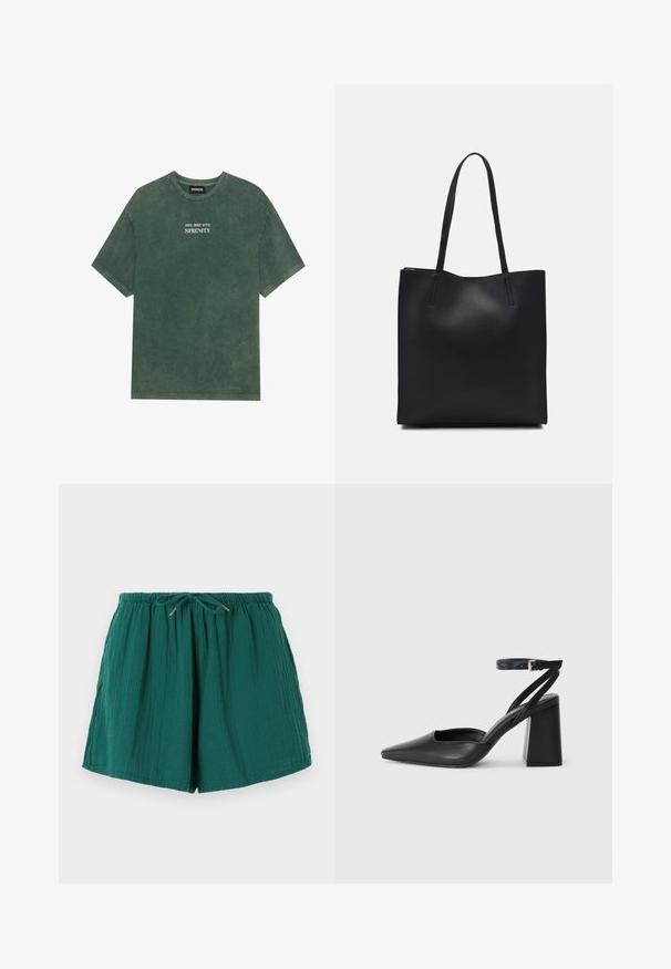 Roheline puuvillane T-särk ümarte kaelus ja lühikeste varrukatega. Omab pleekinud trükkimist "DIVE DEEP INTO SERENITY" valge värviga. Pehme tekstuur.; Roheline, kerge lühike püks, millel on elastne vöökoht ja pael. Omab tekstuurset kangast, millel on pehme, kortsus välimus.; Mustmustest must-käigukingad, millel on konksuga nöör ja paks konts. Ühtlane tekstuur, stiilne disain ja minimalistlik esteetika.; Mustast nahast kott sujuva tekstuuriga, ristkülikukujuline ja kahe pika sangaga. Pole nähtavat riistvara ega kaunistusi.