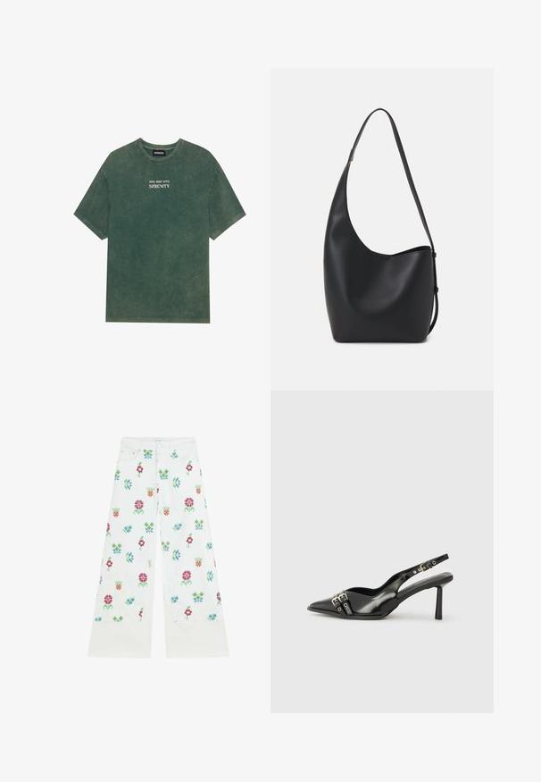 Zelené bavlněné tričko s kulatým výstřihem a krátkými rukávy. Obsahuje bledý potisk textu "DIVE DEEP INTO SERENITY" v bílé barvě. Měkká textura.; Bílé široké džíny s květinovým vzorem v růžové, zelené a modré barvě. Mají standardní design s pěti kapsami a zapínání na knoflík.; Černá lakovaná slingback obuv s špičatou špičkou, kotníkovými pásky s kovovými sponami a příslušenstvím, a štíhlým podpatkem.; Černá kožená hobo taška s hladkým povrchem, zakřiveným tvarem a jedním nastavitelným popruhem; má široké otevírání nahoře.