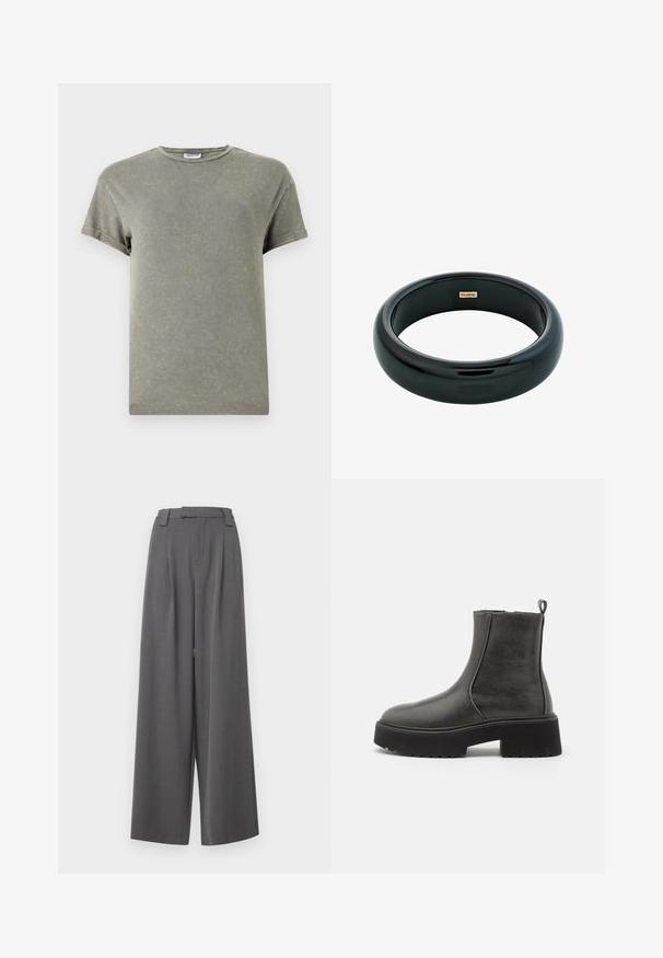 T-shirt vert délavé, manches courtes, col rond, en coton doux, texture légèrement abîmée, coupe décontractée.; ONLY Tall ONLSVEA PANT - Pantalon classique - dark grey; Bottines noires à tige synthétique lisse, avec des panneaux latéraux en élastique, une languette de tirage et une semelle en caoutchouc épaisse.; Bracelet jonc en résine noire avec une surface lisse et brillante et des bords arrondis. Présente un petit logo doré "Pilgrim" à l'intérieur.