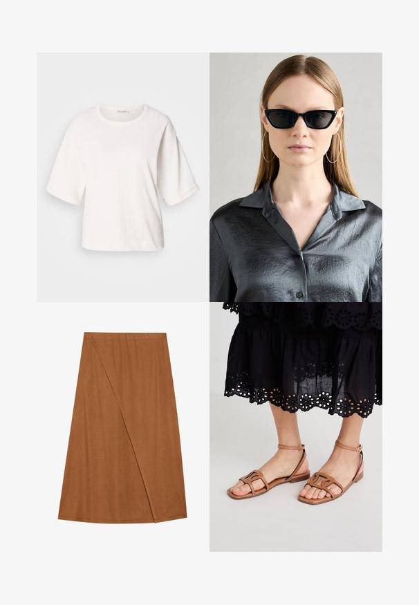Valge puuvillane T-särk, millel on mugav lõige, lühikesed volditud varrukad, ümmargune kaelus ja sile tekstuur. Lihtne, minimalistlik disain.; Pruun, põlvepikkune mähkseelik, mis on valmistatud pehmest kangast. Omab asymmeetrilist disaini külgõmmel ja sujuvat tekstuuri.; Kergedatud pruuni nahast sandaalid lame tallaga, millel on struktureeritud rihmad ja reguleeritav pahkluu pandla, kombineeritud musta silmadega seeliku abil.; Mustad musta kassi silmadega päikeseprillid, millel on läikiv viimistlus, kanda tekstuuriga halli nööpidega särgis, millel on krae. Suured rõngassegavad kõrvarõngad on nähtavad.