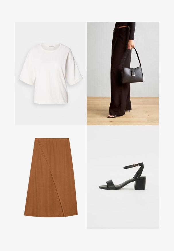 White cotton t-shirt with a relaxed fit, short cuffed sleeves, round neck, and a smooth texture. Simple, minimalistic design.; Brown, knee-length wrap skirt made of soft fabric. Features an asymmetrical design with a side seam detail and a smooth texture.; Black heeled sandal featuring a smooth leather upper, an open toe, wide front straps, and adjustable ankle strap with a gold buckle detail.; Black handbag with structured shape, smooth texture, and a metallic clasp. Paired with wide black pants and open-toe sandals on wooden floor.