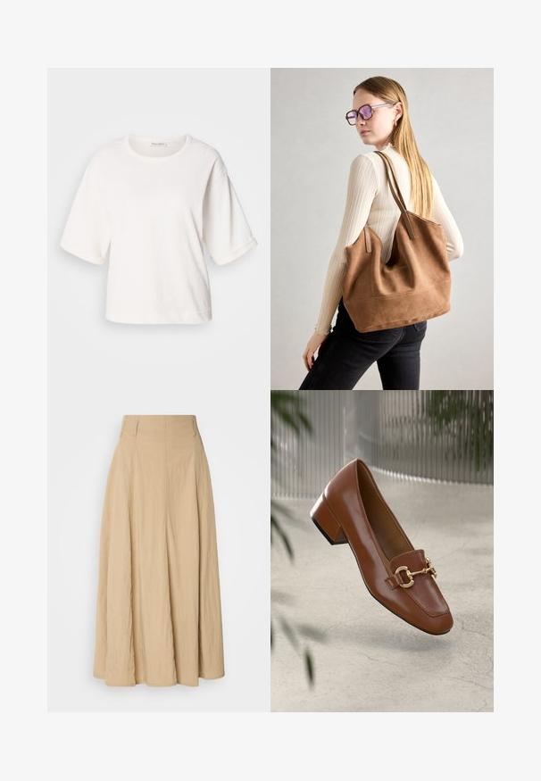 Tricou alb din bumbac, cu o croială relaxată, mâneci scurte și răsucite, guler rotund și o textură netedă. Design simplu, minimalist.; Fustă maxi bej, cu talie înaltă, realizată dintr-un material texturat, cu plii care curg în jos, având un design curat și simplu, fără modele vizibile.; Mocasini din piele patent cafenie, cu vârf pătrat, accent cu lanț metalic și toc mic; textură netedă, design minimalist.; Geantă de umăr din suede maro, cu o textură moale, deschidere mare și curele lungi. Prezintă un design simplu, cu cusături vizibile și fără accesorii metalice.