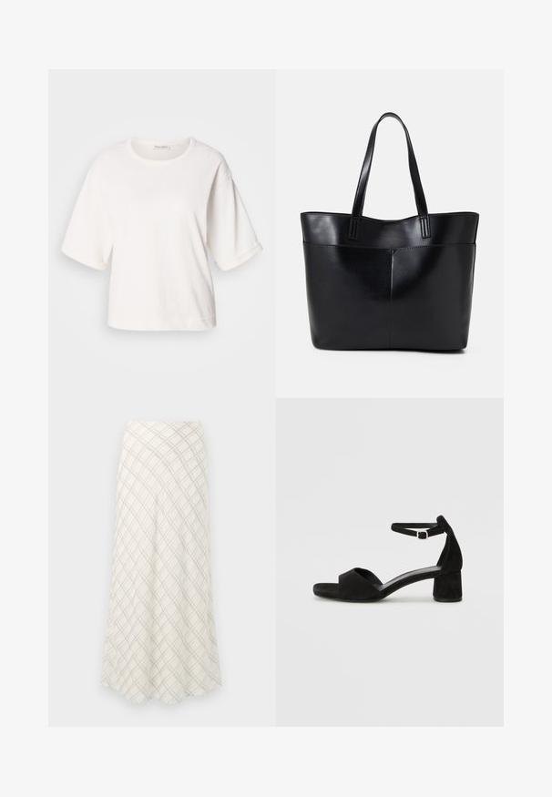 Biela bavlnená tričko s voľným strihom, krátkymi rukávmi s manžetami, okrúhlym výstrihom a hladkou textúrou. Jednoduchý, minimalistic design.; Dlhá sukňa krémovej farby s diagonálnym károvaným vzorom v šedej. Prúdiaci dizajn s hladkou textúrou, ktorá sa smerom k lemom rozširuje.; Čierne semišové sandále na podpätku s tenkým popruhom okolo členku, otvorenou špičkou a skromným blokovým podpätkom. Hladká textúra a minimálne akcenty.; Čierna kožená tote taška s dvoma dlhými rúčkami, hladkým povrchom a štruktúrovaným tvarom. Obsahuje prednú kapsu pre dodatočné uskladnenie.