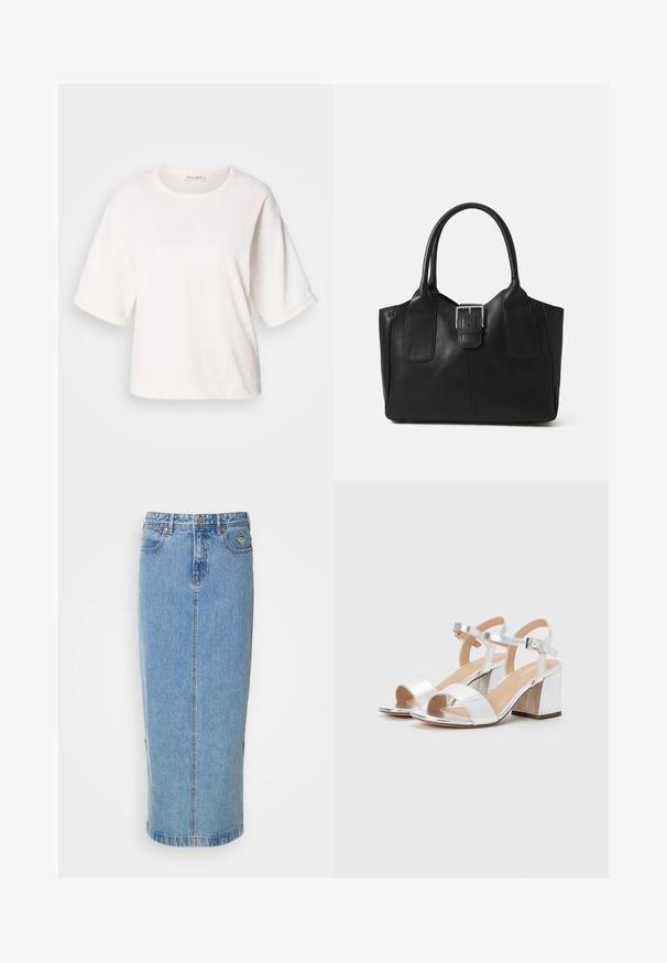 Bijela pamučna majica s opuštenim krojem, kratkim rukavima s manžetama, okruglim izrezom i glatkom teksturom. Jednostavan, minimalistički dizajn.; Denim midi suknja u svijetloplavoj boji s ravnim siluetom, prednjim kopčanjem na dugmad i bočnim džepovima. Ima suptilno šivanje i brendiranu oznaku.; Srebrne sandale s visokim potpeticama i otvorenim prstima, sa dva široka remena i zaobljenim blok potpeticama. Glatka tekstura s metalik premazom.; Crna kožna torba za nošenje s glatkom teksturom, strukturiranim oblikom, dvije ručke i istaknutim srebrnim kopčanjem na prednjoj strani.