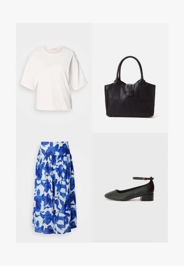 T-shirt en coton blanc avec une coupe décontractée, des manches courtes retroussées, un col rond et une texture lisse. Design simple et minimaliste.; Jupe évasée en tissu léger avec un motif floral bleu sur fond blanc, dotée d'une taille haute et d'un détail froncé.; Escarpin en cuir noir avec un bout pointu et un petit talon bloc. Doté d'une bride de cheville avec une boucle dorée. Texture lisse.; Sac fourre-tout en cuir noir avec une texture lisse, une forme structurée, deux poignées et un détail en boucle argentée proéminent à l'avant.