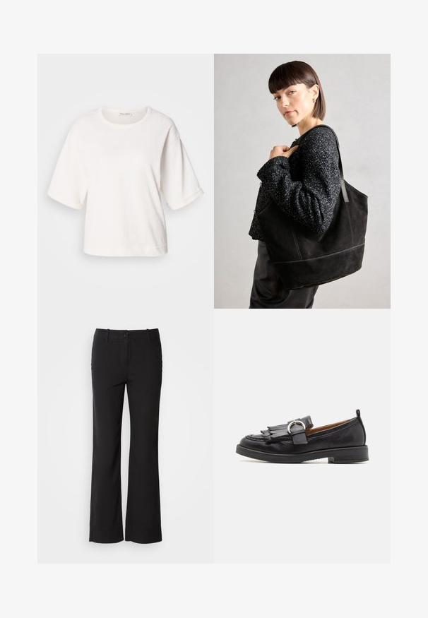 Witte katoen t-shirt met een ontspannen pasvorm, korte omslagmouwen, ronde hals en een gladde textuur. Eenvoudig, minimalistisch ontwerp.; Zwarte katoenmix broek met een rechte pijpdesign, sluiting met een knop aan de voorkant en twee zijzakken. Soepele textuur, geen zichtbare patronen.; Pavement MATILDA - Instappers - black; Zwarte suede schoudertas met een gladde textuur, gestructureerde vorm en contrasterende stiksels. Voorzien van lange hengsels voor schouderdraag.