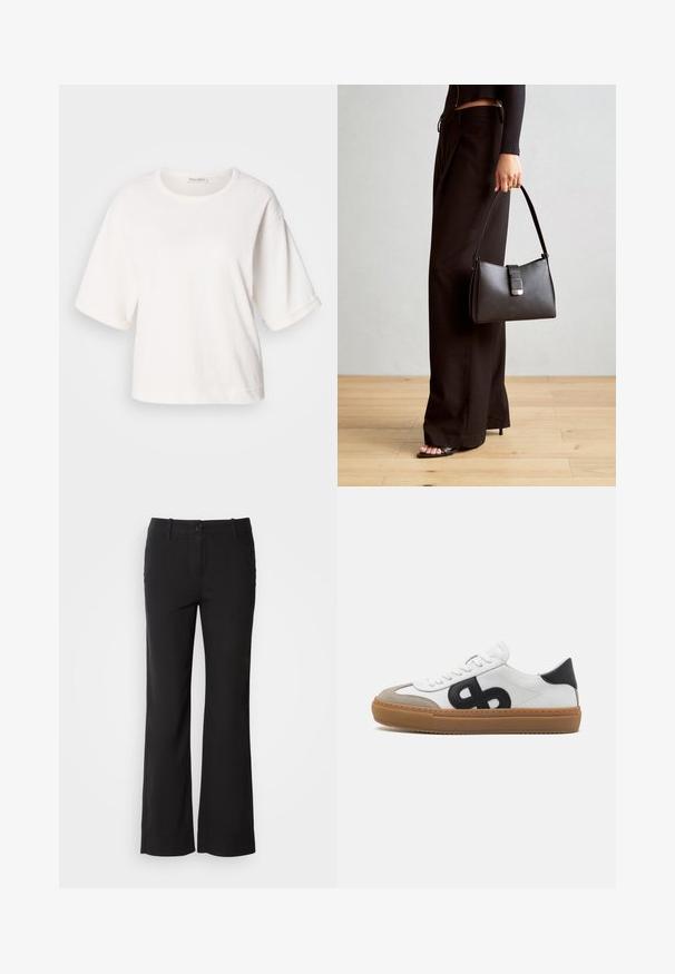 Fehér pamut póló laza szabással, rövid, felhajtott ujjakkal, kerek nyakkal és sima textúrával. Egyszerű, minimalista dizájn.; Fekete pamut keverék nadrág egyenes szárú dizájnnal, elülső gombos záródással és két oldalsó zsebbel. Simára kialakított textúra, nincs látható minta.; Fehér bőr sportcipő fekete logóval, velúr díszítéssel és gumi talppal. Jellemzői a lapos fehér fűzők és a lekerekített orrforma.; Fekete kézi táska strukturált formával, sima textúrával és fémből készült záródással. Széles fekete nadrággal és nyitott orrú szandállal párosítva, fából készült padlón.