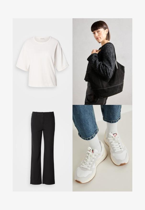 Weißes Baumwoll-T-Shirt mit lockerer Passform, kurzen umgeschlagenen Ärmeln, rundem Hals und einer glatten Textur. Einfaches, minimalistisches Design.; Schwarze Baumwollmischungshose mit geradem Bein, vorderem Knopfverschluss und zwei Seitentaschen. Glatte Textur, keine sichtbaren Muster.; Weiße Sneakers mit beigen Akzenten, Schnürung und einer strukturierten Zehenbox. Kombiniert mit gerippten weißen Socken und hochgekrempelten blauen Jeans.; Schwarze Wildleder-Tote-Tasche mit glatter Textur, strukturiertem Design und kontrastierenden Nähten. Verfügt über lange Träger zum Tragen über der Schulter.