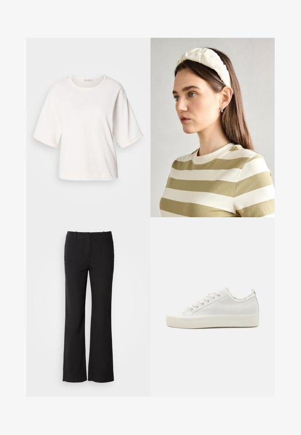 T-shirt en coton blanc avec une coupe décontractée, des manches courtes retroussées, un col rond et une texture lisse. Design simple et minimaliste.; Pantalons en mélange de coton noirs avec une coupe droite, fermeture à bouton sur le devant et deux poches latérales. Texture lisse, sans motifs visibles.; Baskets en toile blanches avec une tige texturée, bout rond, semelle plate et laçage à l'avant. Présentent un col légèrement effiloché et une languette.; Un bandeau en créme rembourré avec un design torsadé, associé à une chemise rayée beige et blanche à col rond. Accent de bijoux discrets.