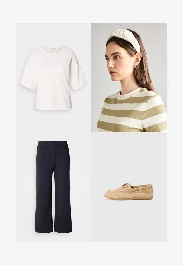 Hvit bomull t-skjorte med en avslappet passform, korte oppbrettede ermer, rund hals og en glatt tekstur. Enkel, minimalisk design.; Vide benbukser i mørk navy-stof. Har flad front, bæltesløjfer og sidelommer. Materialet er glat med en let stræk.; Beige semsket sko med rund tå, flat gummisåle og snøring. Har brune lærdetaljer og søm langs sidene.; Kremfarget polstret hodebånd med tvunnet design, kombinert med en beige og hvit stripete skjorte med rund halsutskjæring. Subtile smykker som aksenter.