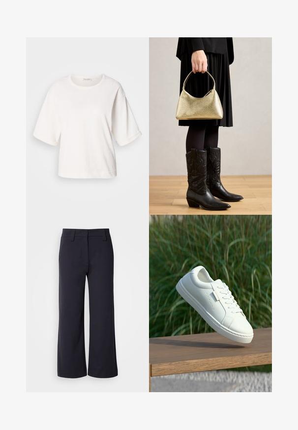 Valkoinen puuvillapaidan, jossa on rento istuvuus, lyhyet hihansuut, pyöreä kaula-aukko ja sileä pinta. Yksinkertainen, minimalistinen muotoilu.; Vaatteet leveälahkeiset housut tumman laivastonsinisen kankaan. Ominaisuuksia litteä etuosa, vyölenkit ja sivutaskut. Materiaali on sileä ja siinä on kevyt jousto.; Valkoinen nahkakenkä nauhoilla leijuu puupenkkiä yllä, taustalla on epätarkkaa vihreää pitkää ruohoa ulkona.; Kultainen teksturoitu käsilaukku, jossa on kaareva muoto ja lyhyt kahva, jota pitää henkilö, joka käyttää mustaa laskostettua hametta ja mustia nahkasaappaita.