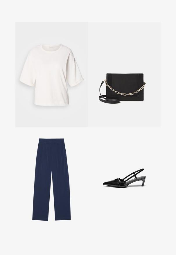 Bela bombažna majica s sproščenim krojem, kratkimi nastavljivimi rokavi, okroglo ovratnikom in gladko teksturo. Preprost, minimalisticen dizajn.; Mornarsko modri široki hlače iz mehkega materiala, ki imajo sprednje drapiranje, gladko teksturo in ravno silhueto brez vidnih žepov.; Črni sandali iz lakiranega usnja z zaprtim, ostrim sprednjim delom, tankimi trakovi okoli gležnja in srednje visoko, blok peto. Obogateni z majhnim detajlom z zaponko.; Črna usnjena torba čez ramo z gladko teksturo, pravokotno obliko in kovinskim verižnim detajlom spredaj. Vključena je nastavljiva naramnica.