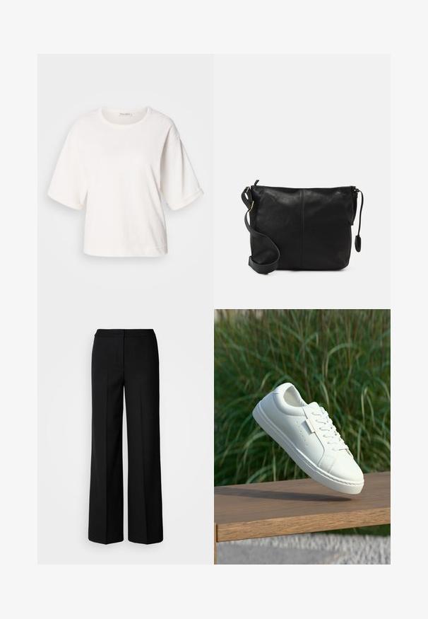 Bílý bavlněný tričko s uvolněným střihem, krátkými ohrnutými rukávy, kulatým výstřihem a hladkou texturou. Jednoduchý, minimalistický design.; Černé kalhoty s širokými nohavicemi z hladkého materiálu, s vysokým pasem, tailorovými švy a minimalistickým designem. Žádné viditelné kovové prvky ani kapsy.; Bílé kožené tenisky na šněrování, které se vznášejí nad dřevěnou lavicí, na pozadí jsou rozmazané zelené vysoké trávy venku.; Černá kožená kabelka přes rameno s plochým tvarem, zlatými kovovými detaily a nastavitelným popruhem. Hladký povrch s minimem švů.