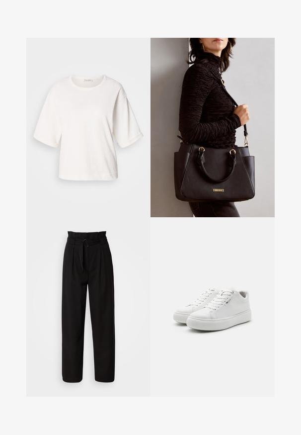 Weißes Baumwoll-T-Shirt mit lockerer Passform, kurzen umgeschlagenen Ärmeln, rundem Hals und einer glatten Textur. Einfaches, minimalistisches Design.; Schwarze, hochsitze Hose mit weitem Bein, mit vorderen Falten und einem Stoffgürtel mit einer runden Schnalle. Glatte Textur und taillierte Design.; Weiße, flache Sneakers mit einem glatten Obermaterial aus Canvas, runder Zehenpartie und dicker Gummisohle. Verfügt über eine Schnürung auf der Vorderseite und ein minimalistisches Design.; Schwarze Handtasche mit strukturierten Oberflächen, doppelten Obergriffen und verstellbarem Schultergurt. Mit goldfarbener Hardware und Seitentaschen.