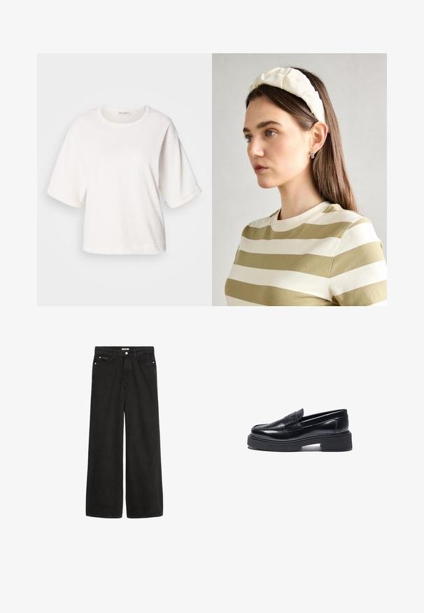 Bela bombažna majica s sproščenim krojem, kratkimi nastavljivimi rokavi, okroglo ovratnikom in gladko teksturo. Preprost, minimalisticen dizajn.; Široke črne denim hlače z visokim pasom. Imajo pet žepov, kovinske dodatke in čist zaključek. Njihova tekstura je gladka in mehka.; Črne usnjene loafersice z zaobljenim prstom in dvignjenim podplatom. Imajo šivane detajle in nizko zasnovo pri peti.; Kremna ušesna traka s prepletenim dizajnom, uparjena s bež in belimi črtastimi majicami z okroglim izrezom. Diskretni nakit.