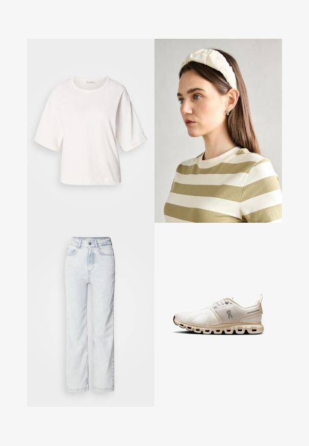 Biała bawełniana koszulka z luźnym krojem, krótkimi, zrolowanymi rękawami, okrągłym dekoltem i gładką fakturą. Prosty, minimalistyczny design.; Jasnoniebieskie jeansy z wysokim stanem o prostym kroju, wykonane z denimu. Posiadają zapięcie na guziki, pięć kieszeni oraz subtelnie wyblakłą strukturę.; Jasno beżowy but sportowy z siateczkowym cholewką, minimalistycznym wzornictwem, zaokrąglonym noskiem i wyściełaną podeszwą z segmentowanymi wycięciami zapewniającymi elastyczność.; Kremowa poduszka na głowę zziębniętym wzorem, zestawiona z beżową i białą koszulą w paski, z okrągłym dekoltem. Subtelne akcenty biżuteryjne.