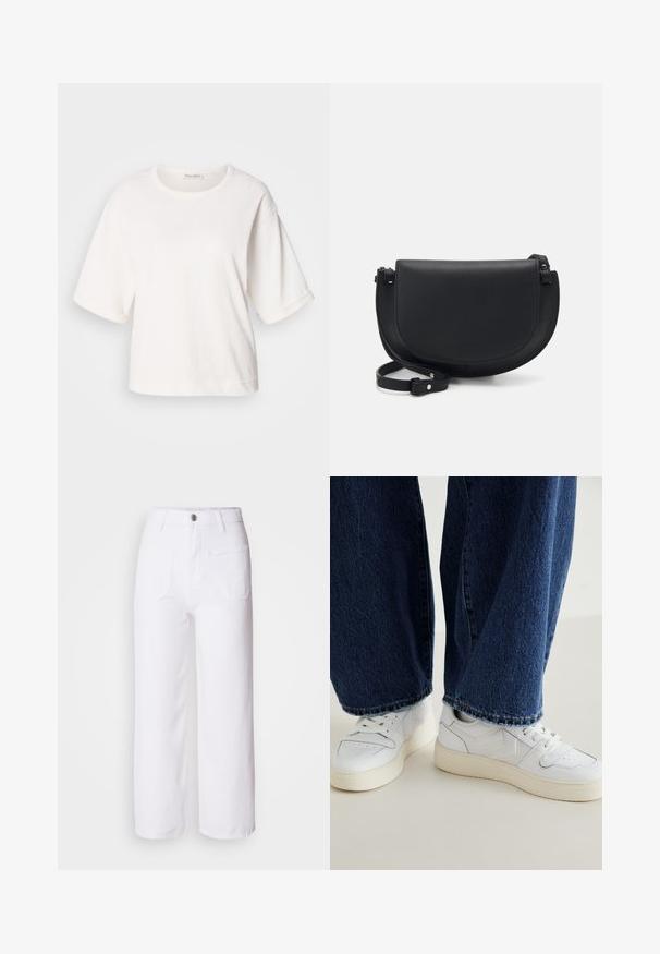 Balta medvilnės marškinėliai su laisvu siluetu, trumpomis rankovėmis su užlenkimais, apvaliu iškirpimu ir lygiu paviršiumi. Paprastas, minimalistiškas dizainas.; Balties džinsai su plačiomis kojomis, su mygtuko uždarymu, diržo kilpomis, dviem priekiniams kišenėms ir viena nugarine kišene. Patvari ir tekstūruota medžiaga.; Baltos sportbačiai su tekstūriniais akcentais ir smėlio spalvos detalėmis, derinami su tamsiai mėlynomis plačiomis kelnėmis, turinčiomis nutrintus kraštus.; Juodas odinis kryžminis krepšys su kreivine forma, magnetine užsegimu, reguliuojama petneša ir iškilmingu logotipo elementu priekyje.