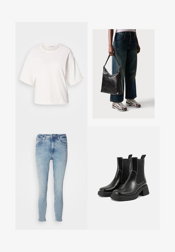 T-shirt branca de algodão com um corte descontraído, mangas curtas com punhos, gola redonda e uma textura suave. Design simples e minimalista.; Jeans de ganga azul claro com um corte justo, design de cinco bolsos, fecho de zip e ligeira desgaste na parte da frente. A bainha está dobrada nos tornozelos.; Botas Chelsea em couro preto com um salto grosso, painéis laterais elásticos e costura branca em contraste. Acabamento texturizado.; Bolsa de ombro em couro preto com textura suave e alça ajustável, combinada com jeans de perna larga desbotados e ténis desportivos.