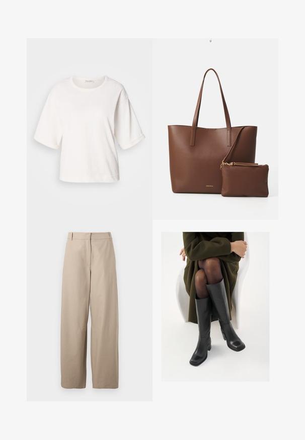 Balts kokvilnas T-krekls ar brīvu piegriezumu, īsām piegriezta piedurknēm, apaļu kaklu un gludu tekstūru. Vienkāršs, minimāls dizains.; Bežīgas, plašas bikses, kas izgatavotas no kokvilnas. Iezīmējas ar gludu priekšpusi, divām sānu kabatām un vieglu tekstūru. Vienkāršs, funkcionāls dizains.; Ceļgalu augstuma melni ādas zābaki ar kvadrātu purngalu un bloku papēdi, attēloti modelī, kurš sēž olīvu zaļā mētelī. Gluda tekstūra, minimāla apdare.; Brūns mākslīgās ādas somiņa ar divām garām rokturiem un atbilstošu mazu maciņu. Virsma ir ar strukturētu rakstu un zelta aksesuāriem.