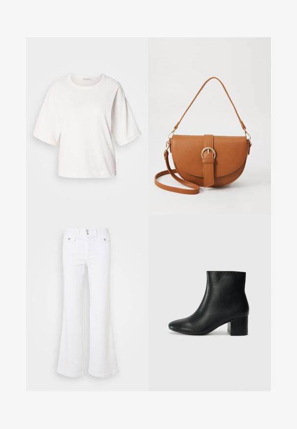 Valge puuvillane T-särk, millel on mugav lõige, lühikesed volditud varrukad, ümmargune kaelus ja sile tekstuur. Lihtne, minimalistlik disain.; Valged laiad teksapüksid, mis on valmistatud denimist, kõrge vöökohaga, kahe esikotiga ja hõbedaste nööpaktsentidega, ühel tasasel taustal.; Mustad nahast pahkluu saapad terava varbaga ja jämeda kandaga. Sile tekstuur minimaalse aktsentidega ja stiilne, lihvitud disain.; Pruun nahast õlakott, millel on kumer kuju, kullavärvi riistvara ja pandlaga kaunistus. Omab eemaldatavat õlarihma.