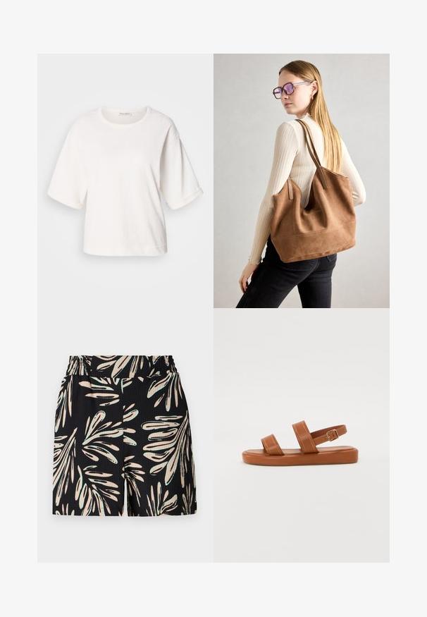 T-shirt en coton blanc avec une coupe décontractée, des manches courtes retroussées, un col rond et une texture lisse. Design simple et minimaliste.; Un short noir avec un motif de feuillage en beige clair et vert menthe, fabriqué dans un tissu texturé et doté d'une taille élastique.; Sandales en cuir marron avec deux larges brides et une bride arrière, dotées d'une semelle plate avec des détails de couture subtils et une boucle en métal.; Sac fourre-tout en daim marron avec une texture douce, grande ouverture et longues sangles. Présente un design simple avec des coutures visibles et sans matériel.