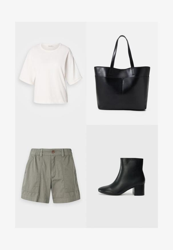 Hvid bomulds t-shirt med en afslappet pasform, korte ærmer med opsmøg, rund hals og en glat overflade. Enkel, minimalistisk design.; Lyse olivenfarvede shorts lavet af en bomuldsblanding, med elastisk talje, forlommer og en enkelt knaplukning.; Sorte læder ankelstøvler med spids tå og en kraftig hæl. Glat tekstur med minimale detaljer og et slankt, tætsiddende design.; Sort læder tote taske med to lange håndtag, en glat tekstur og en struktureret form. Har en forlommem for ekstra opbevaring.