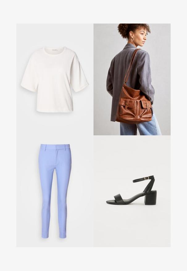 Bela bombažna majica s sproščenim krojem, kratkimi nastavljivimi rokavi, okroglo ovratnikom in gladko teksturo. Preprost, minimalisticen dizajn.; Svetlo modre krojene hlače z ozkim krojem. Narejene iz gladkega materiala, z ravnim sprednjim delom, zanko za pas in minimalnimi detajli.; Črne sandale na peto z gladkim usnjenim zgornjim delom, odprtim nosom, širokimi sprednjimi trakovi in nastavljivim gležnjenčkom z zlatim zaponko.; Rjava usnjena torba v obliki vedra, ki ima dve sprednji žepki z zaponkami. Torba ima gladko teksturo in nastavljiv trak.