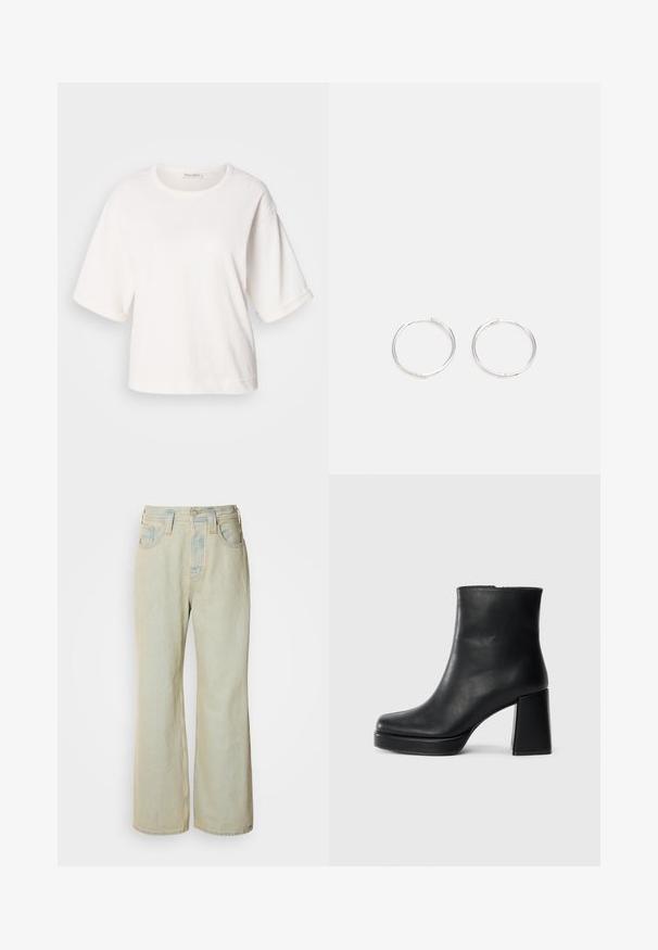 Tricou alb din bumbac, cu o croială relaxată, mâneci scurte și răsucite, guler rotund și o textură netedă. Design simplu, minimalist.; Jeans largi de culoare albastru deschis, confecționați din denim, cu talie înaltă, cinci buzunare și o ușoară decolorare, accentuată de cusături în contrast.; Botină din piele neagră, cu toc pătrat și talpă platformă, văzută din lateral pe un fundal alb simplu.; Cercei din argint cu un design elegant și rotund, având o suprafață netedă și fără embellismente vizibile. Diametrul nu este specificat.