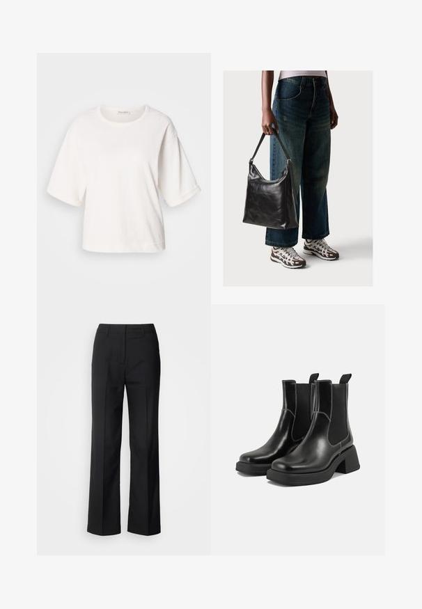 White cotton t-shirt with a relaxed fit, short cuffed sleeves, round neck, and a smooth texture. Simple, minimalistic design.; Scotch & Soda CORE EDIE - Trousers - black; Black leather Chelsea boots with a chunky heel, elastic side panels, and contrasting white stitching. Textured finish.; Black leather shoulder bag with a smooth texture and adjustable strap, paired with faded wide-leg jeans and athletic sneakers.