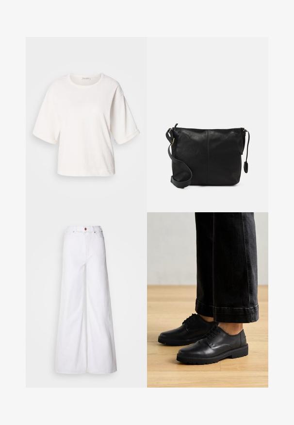 Biela bavlnená tričko s voľným strihom, krátkymi rukávmi s manžetami, okrúhlym výstrihom a hladkou textúrou. Jednoduchý, minimalistic design.; Biele široké džínsy vyrobené z denimu, s vysokým pásom, piatimi vreckami a zapínaním na gombík s kovovými akcentmi. Hladká textúra.; Čierne kožené šnurovacie topánky s hladkým povrchom, zaoblenou špičkou a hrubou gumovou podrážkou, skombinované s skrátenými tmavými džinami.; Čierna kožená crossbody taška s plochým tvarom, zlatými kovovými akcentmi a nastaviteľným popruhom. Hladký povrch s minimálnymi švíkmi.