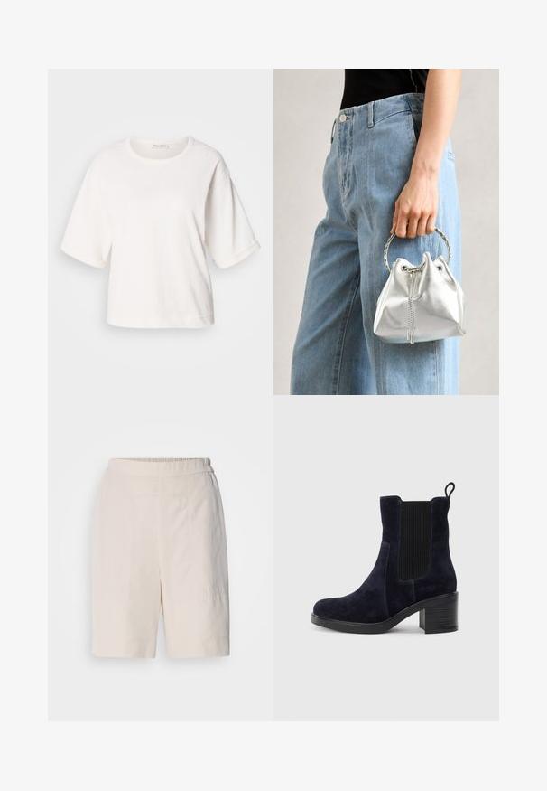 Valge puuvillane T-särk, millel on mugav lõige, lühikesed volditud varrukad, ümmargune kaelus ja sile tekstuur. Lihtne, minimalistlik disain.; Kreemivärvilised lühikesed püksid mugava lõikega, lamedate esitaskutega, elastse vöökoha ja külgedel delikaatsete õmblusdetailidega.; Tumedat siniset nahast sääre pooled saapad elastse külgpaneeliga, ümmarguse ninaga ja blokkninaga. Tekstuuriga kangas ja siledad tallad lisavad kontrasti.; Metallik hõbedane ämbritask, millel on tekstuurne viimistlus, kaunistatud hõbeda ümmarguse käepideme ja tõmbluku sulgemisega, hoituna helesiniste teksade vastu.