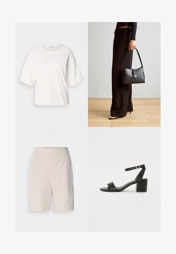 Bílý bavlněný tričko s uvolněným střihem, krátkými ohrnutými rukávy, kulatým výstřihem a hladkou texturou. Jednoduchý, minimalistický design.; Krémové šortky s volným střihem, s plochým předním dílem, elastickým pasem a jemnými stehy po stranách.; Černé sandály na vysokém podpatku s hladkým koženým svrškem, otevřenou špičkou, širokými předními pásky a nastavitelným páskem kolem kotníku se zlatou přezkou.; Černá kabelka se strukturovaným tvarem, hladkým povrchem a kovovým uzávěrem. Kombinována s širokými černými kalhotami a sandály s otevřenou špičkou na dřevěné podlaze.