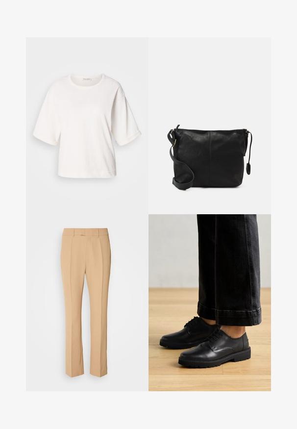 Vit bomulls T-shirt med avslappnad passform, korta uppvikta ärmar, rund hals och en slät yta. Enkel, minimalistisk design.; Beige skräddarsydda byxor med rak ben, med två framfickor, en slät framsida och ett mjukt, lätt tyg.; Svarta läder snörskor med en slät yta, rund tå och tjock gummisula, tillsammans med korta mörka jeans.; Svart läder crossbody-väska med en platt form, guldhardwaredetaljer och en justerbar rem. Slät textur med minimala sömnadsdetaljer.