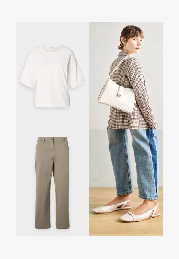 Biela bavlnená tričko s voľným strihom, krátkymi rukávmi s manžetami, okrúhlym výstrihom a hladkou textúrou. Jednoduchý, minimalistic design.; Khaki bavlnené chinos s rovnou nohavicou, so zapínaním na gombík vpredu, bočnými vreckami a hladkou textúrou. Bez viditeľných vzorov alebo akcentov.; Svetloružové slingback baleríny s jemne špicatou špičkou, vyrobené z hladkého materiálu pripomínajúceho kožu. Majú výrezové detaily na stranách a plochý opätok.; Biely kožený kabelka so štruktúrovaným dizajnom, s magnetickým uzáverom a ramenným popruhom, vystavená na neutrálnom pozadí.