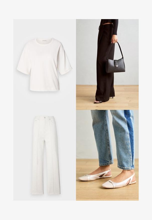 Bijela pamučna majica s opuštenim krojem, kratkim rukavima s manžetama, okruglim izrezom i glatkom teksturom. Jednostavan, minimalistički dizajn.; Bijele traperice širokih nogavica s visokim strukom, s vertikalnim šavovima i prednjim zatvaračem na dugme. Glatka tekstura s urednim dizajnom.; Svijetlo ružičaste slingback balerinke s šiljastim vrhom, izrađene od glatkog materijala nalik koži. Sadrže izrezane detalje sa strane i ravnu petu.; Crna torba s oblikom koji sadrži strukturu, glađu teksturu i metalnu kopču. Uparena s širokim crnim hlačama i sandalama na otvorenom s drvenog poda.