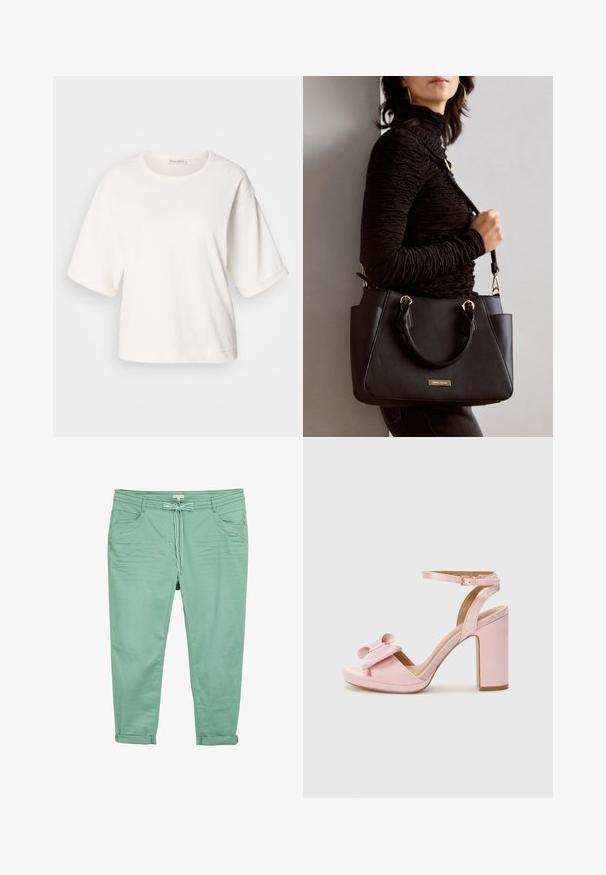 Weißes Baumwoll-T-Shirt mit lockerer Passform, kurzen umgeschlagenen Ärmeln, rundem Hals und einer glatten Textur. Einfaches, minimalistisches Design.; Helle grüne Hose aus weichem Stoff, mit einem Kordelzugbund, zwei vorderen Taschen und umgeschlagenen Säumen für eine lässige Passform.; Pinkfarbene Satin-Pump mit runder Zehenpartie, breitem Riemen mit Schleifendetail und Knöchelriemen mit goldenem Schnallenverschluss.; Schwarze Handtasche mit strukturierten Oberflächen, doppelten Obergriffen und verstellbarem Schultergurt. Mit goldfarbener Hardware und Seitentaschen.