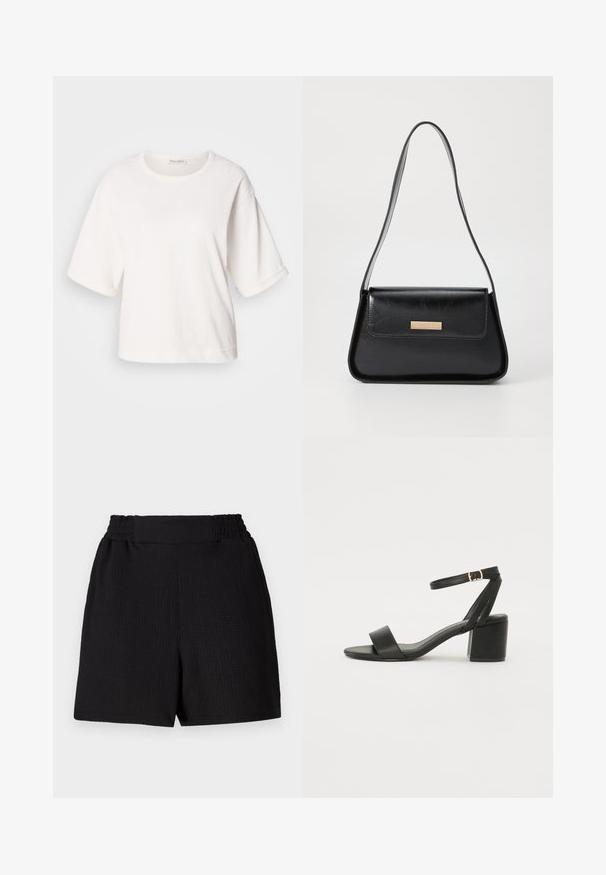 Witte katoen t-shirt met een ontspannen pasvorm, korte omslagmouwen, ronde hals en een gladde textuur. Eenvoudig, minimalistisch ontwerp.; Zwarte shorts van een gestructureerde stof, met een elastische tailleband en een rechte snit. Heeft een strakke afwerking zonder extra accenten of patronen.; Zwarte hoge sandaal met een soepel leren bovenkant, een open teen, brede voorkruisbanden en een verstelbare enkelband met een gouden gespdetail.; Zwarte leren handtas met een gestructureerde driehoekige vorm, slanke schouderband en hardware in goudkleur met een logo plaatje op de voorflap.