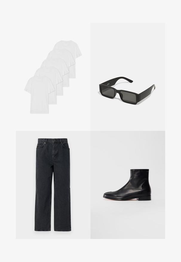 Seši baltie kokvilnas T-krekli ar īsām piedurknēm un apaļām kakla izgriezumiem, sakārtoti rindā, ar gludu tekstūru un bez acīmredzamām rakstu izdrukām.; Tumši zilas džinsus bikses ar platu kāju, piecu kabatu dizainu un pogu aizdari. Ietver vara toņa aparatūru un smalku tekstūru.; Melnas gludas ādas potītes zābaki ar zemu papēdi un apaļu pirkstu, redzami no sāniem uz balta fona.; Melnas saulesbrilles ar taisnstūra lēcām, matēta plastmasas rāmja un taisnām malām. Uz iekšējās rokas ir zīmola logo.