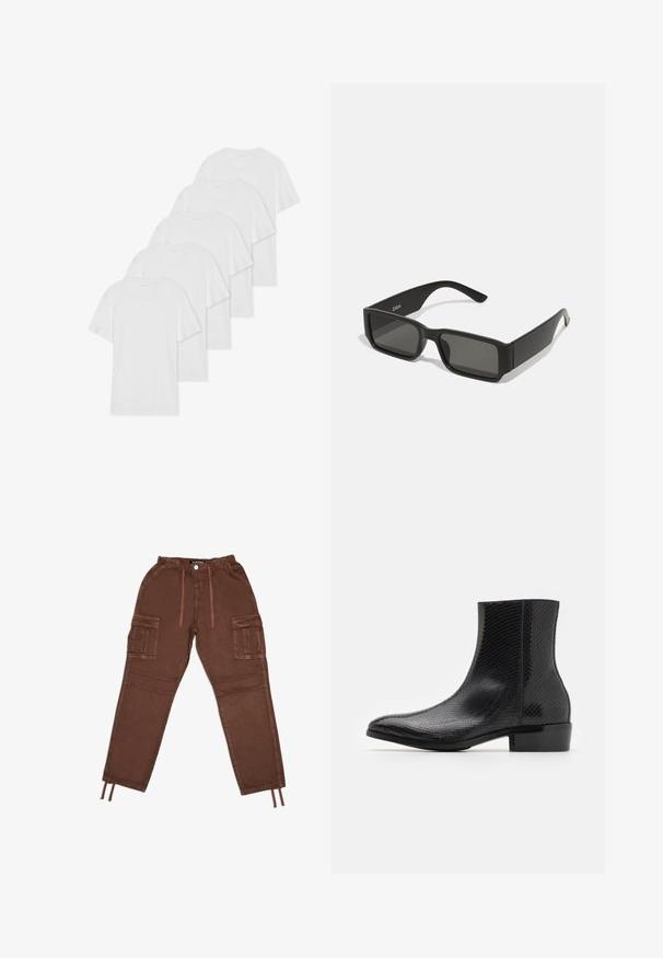 Šest bílých bavlněných triček s krátkými rukávy a kulatými výstřihy uspořádaných v řadě, s hladkou texturou a bez viditelných vzorů.; Hnědé cargo kalhoty z lehkého materiálu, s elastickým pasem, bočními květinovými kapsami a šňůrkami na manžetách.; ALDO AMUR PILLOWWALK FLEX - Kotníkové boty - other black; Černé sluneční brýle s obdélníkovými čočkami, matný plastový rám a rovné okraje. Obsahují logo značky na vnitřní straně ramena.