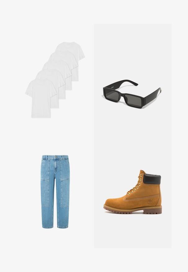 Šešios baltos medvilninės marškinėliai su trumpomis rankovėmis ir apvaliais iškirpimais, išdėstyti vienoje eilėje, turintys lygią tekstūrą ir be matomų raštų.; Šviesiai mėlyni džinsai su tiesiu kirpimu, turintys dvi dideles kišenes su iškirpimu ir subtiliomis dėvėjimosi detalėmis medžiagoje.; Tan spalvą turintys suknelės batus iki kulkšnies su juodu paminkštintu apvadu, auksiniais metaliniais akių užsegimais, baltais siūlų dekoratyviniais elementais ir tvirtu guminiu padu su ryškiai išreikštais raštais.; Juodos saulės akinių su stačiakampiais lęšiais, matinio plastiko rėmas ir tiesios briaunos. Vidinėje rankovėje yra prekės ženklo logotipas.