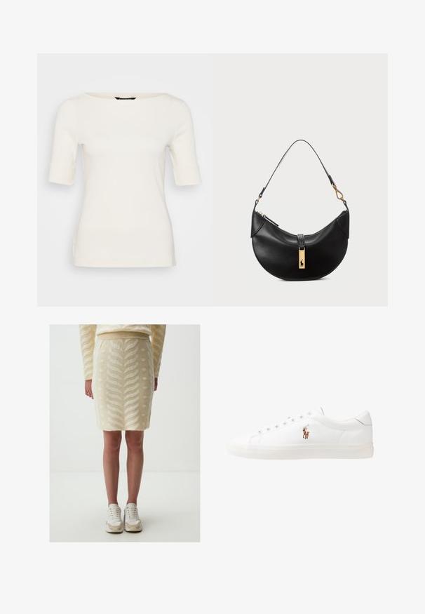 Weißes, tailliertes T-Shirt mit einem Bootsausschnitt und halblangen Ärmeln, die an den Bündchen aufgerollt sind, aus einem glatten Stoff gefertigt.; Strickbleistiftrock in hellem Creme mit strukturiertem Blatt- und Punktmuster, mit taillierter Silhouette und geschwungenem Saum, kombiniert mit weißen Sneakers.; Weiße Leder-Sneaker, niedrig geschnitten, mit glatter Textur, runder Zehenpartie, Schnür vorne und kleinem gesticktem Logo an der Seite.; Schwarze Lederhandtasche in Halbmondform. Verfügt über eine goldene Hardware-Akzentuierung und einen schmalen Tragegurt. Sanfte Textur, Reißverschlussverschluss an der Oberseite.; Goldfarbene Ohrstecker mit Knoten in gedrehter Ausführung. Jeder Ohrstecker verfügt über eine runde, transparente Rückseite für sicheren Halt.