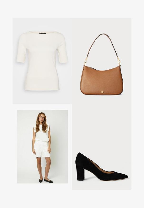 Weißes, tailliertes T-Shirt mit einem Bootsausschnitt und halblangen Ärmeln, die an den Bündchen aufgerollt sind, aus einem glatten Stoff gefertigt.; Moves PENSI - Shorts - snow white; Schwarzer Wildleder-High-Heel-Schuh mit spitzer Zehe und Blockabsatz. Das Design zeichnet sich durch eine glatte Textur und eine klassische Silhouette aus.; Braune, strukturierte Lederhandtasche mit geschwungener Form, goldfarbenen Beschlägen und einem einzelnen Schulterriemen. Verfügt über einen Reißverschluss und ein Logo-Detail.; Goldfarbene Ohrstecker mit Knoten in gedrehter Ausführung. Jeder Ohrstecker verfügt über eine runde, transparente Rückseite für sicheren Halt.