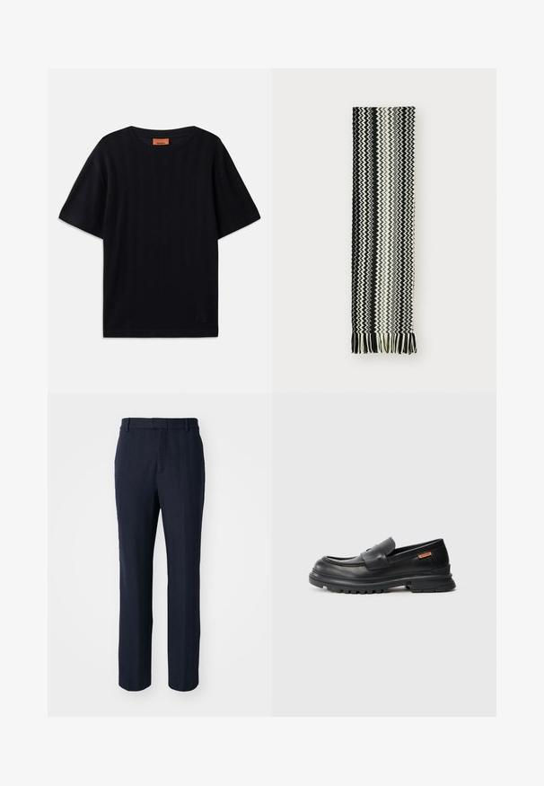 Crna majica s kratkim rukavima s uzorkom riblja kost, okruglim izrezom i opuštenim krojem. Izrađena od laganog, prozračnog materijala.; Temno plave hlače s uzorkom riblje kosti, ravnog kroja, s petljama za remen i teksturiranom završnom obradom.; Crne kožne mokasine s okruglim prstom, niskom potpeticom i debelim, teksturiranim gumenim đonom. Sadrže šivanu dekoraciju i mali logo sa strane.; Crno-bijeli pleteni šal s uzorkom zigzaga, s resama na krajevima. Tkanina je mekana i lagana.