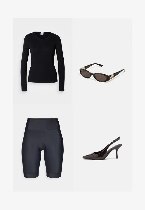 Schwarzes Langarmshirt aus Baumwollmischgewebe, mit Rundhalsausschnitt und tailliertem Schnitt, ohne sichtbare Muster oder Grafiken.; Schwarze Radshorts aus glattem, dehnbarem Stoff. Hoch tailliertes Design mit gepolstertem Einsatz und Nahtdetails.; Slingback-Pumps aus glänzendem dunklen braunen Lackleder, mit spitzer Zehenpartie, offenen Seiten und verstellbarem Knöchelriemen.; Schildpatt-Sonnenbrille mit länglich-ovalen Gläsern, braunem Farbton, goldenen Logo-Akzenten an den Bügeln und schlanken schwarzen Bügeln.; Bordeauxfarbene Handtasche mit einer geschwungenen Silhouette und einem kurzen Trageriemen, ausgestattet mit einem goldenen Reißverschluss und einem dezenten Calvin Klein-Logo auf der Vorderseite.