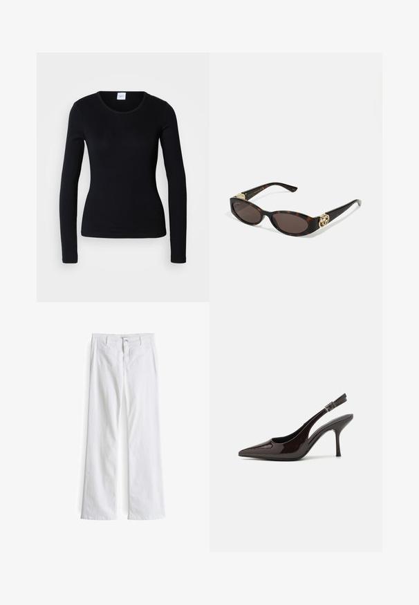 Maglietta nera a maniche lunghe realizzata in un tessuto misto cotone, con scollatura rotonda e design aderente, priva di motivi o grafiche visibili.; Jeans bianchi in denim, con design a gamba dritta, cinque tasche, passanti per cintura e chiusura con bottoni. Texture liscia, senza decorazioni.; Scarpa con tacco alto tipo slingback in pelle verniciata marrone scuro lucido, punta affusolata, lati aperti e cinturino alla caviglia regolabile.; Occhiali da sole tartarugati con lenti ovali allungate, tonalità marrone, accenti dorati con logo sulle tempie e aste nere eleganti.; Borsa bordeaux con silhouette curva e manico corto, dotata di una zip dorata e di un logo Calvin Klein discreto sul davanti.