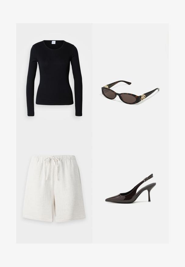 Must mustre shirt, mis koosneb puuvillasegusest kangast, ümar kaelus ja liibuv disain, ilma nähtavate mustrite või graafikata.; Lina lühikesed püksid kreemjas valges värvitoonis, millel on elastne vöökoht ja nöör. Omab tekstuurset pinda ja laiemat lõike disaini.; Kare kõrge kontsaga king, läikiv tumepruun lakknahast, terava nina, avatud külgedega ja reguleeritava pahkluuringiga.; Kilpkonnakilbi stiilis prillid piklik-ovaalsete läätsede, pruunika tooniga, kuldsete logo aktsentidega templitel ja elegantsed mustad varred.; Kreempunane käekott, millel on kaarjas siluett ja lühike rihm, sisaldab kuldset tõmblukk ja peent Calvin Kleini logo esiküljel.