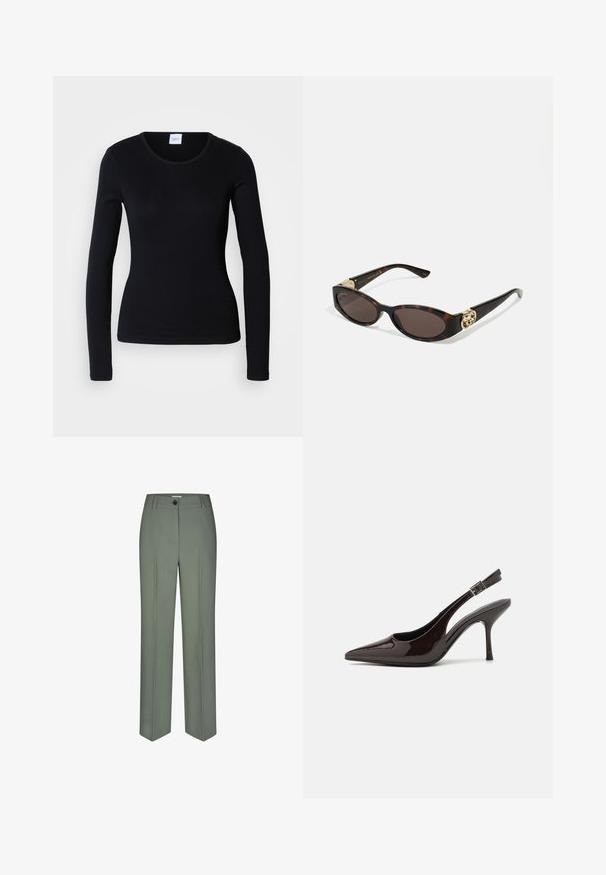 Chemise noire à manches longues en tissu mélangé coton, avec un col rond et une coupe ajustée, sans motifs ni graphiques visibles.; Pantalons verts sur mesure en tissu lisse, présentant un design à jambe droite, des plis avant et une fermeture à un bouton.; Soulier à talons hauts type slingback en cuir verni marron foncé brillant, à bout pointu, côtés ouverts et bride de cheville réglable.; Lunettes de soleil en écaille, avec des verres ovales allongés, teinte marron, accents de logo doré sur les branches et montures noires élégantes.; Sac à main bordeaux avec une silhouette incurvée et une courte bandoulière, dotée d'une fermeture éclair dorée et d'un logo Calvin Klein discret à l'avant.