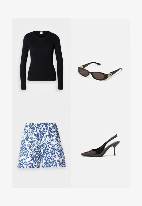 Juoda ilga rankovė marškiniai, pagaminti iš medvilnės mišinio, su apvaliu iškirpimu ir prigludusia forma, be matomų raštų ar grafikų.; Balti medvilniniai šortai su mėlyno koralo raštu. Elastingas juosmuo, laisvas pjūvis ir glotni tekstūra.; Blizganti tamsiai ruda lakinės odos aukšto kulno bateliai, smailus nosis, atviros šoninės dalys ir reguliuojamas kulkšnies dirželis.; Tortoise kiaurinių saulės akinių su pailgomis ovalo formos lęšiais, rudos spalvos atspalviu, auksinėmis logotipo detalėmis ant šakelių ir elegantiškais juodais rankenėlėmis.; Alyvinės rankinės kreivė forma, su trumpa rankena, turinčia auksinį užtrauktuką ir subtilų Calvin Klein logotipą priekyje.